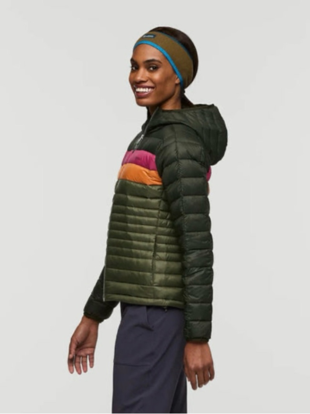 Cotopaxi Fuego Hooded Down Jacket | Olive Green with Pink & Orange | Small - Picture 2 of 8